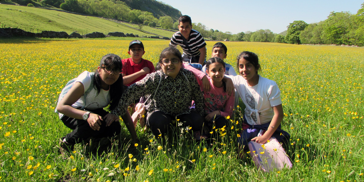 Young people explore a Yorkshire Dales wildflower meadow